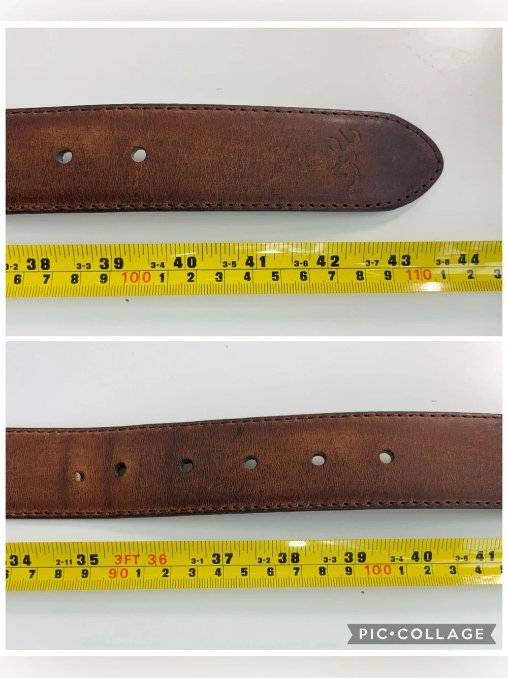 Vintage Browning brown leather belt textile green camo inlay silver logo sz 38